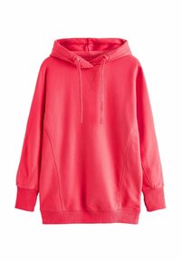 Sweat à capuche rose corail en tissu doux, doté d'une capuche à cordon, de poignets côtelés et de poches latérales, avec une coupe ample et décontractée.