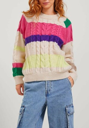 Maglione lavorato a maglia colorato con strisce in rosa, viola, verde e giallo. Motivo a treccia testurizzato con polsini e orlo a coste.