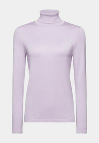 Fliederfarbener Rollkragenpullover aus einem weichen, dehnbaren Material. Hat lange Ärmel und eine figurbetonte Passform, mit gerippter Details an Kragen und Bündchen.