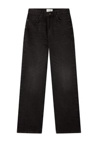 Czarne szerokie dżinsy z denimu, z zapięciem na guzik, przednimi i tylnymi kieszeniami, o minimalnym przeszyciu i gładkiej strukturze.