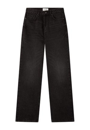 Jeans neri a gamba larga in denim, con chiusura a bottone, tasche anteriori e posteriori, caratterizzati da cuciture minime e una texture liscia.