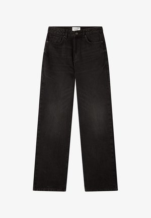 Jeans neri a gamba larga in denim, con chiusura a bottone, tasche anteriori e posteriori, caratterizzati da cuciture minime e una texture liscia.