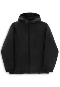 Schwarze isolierte Jacke mit Kapuze, ausgestattet mit Reißverschluss vorne, weichem Innenfutter, elastischen Bündchen und Seitentaschen. Glatte, strukturierte Außenseite.