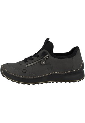 Graue Wildlederschuhe mit schwarzen Akzenten, ausgestattet mit einem seitlichen Reißverschluss, Schnürung vorne, genähten Details und einer strukturierten Gummisohle.