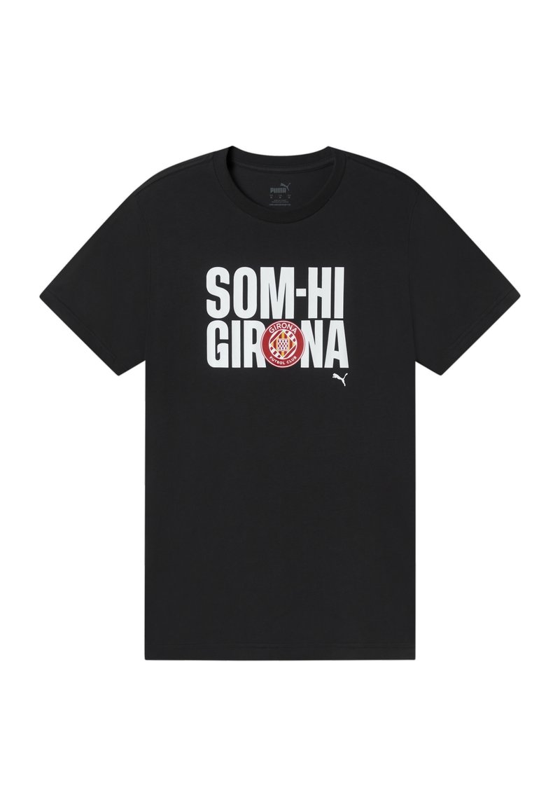 Černé bavlněné tričko s textem "SOM-HI GIRONA" v bílé barvě, nad textem je červenobílé logo Girona FC.