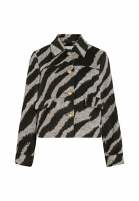 Izgriezts žakets pelēkā un melnā zebras rakstā, izgatavots no mīksta auduma, ar apkakles virkni un zelta pogām priekšpusē.