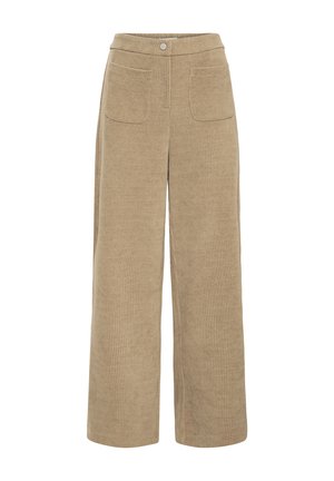 Beige Cord-Hosen mit weitem Bein, vorderen aufgesetzten Taschen und Knopfverschluss am Bund.