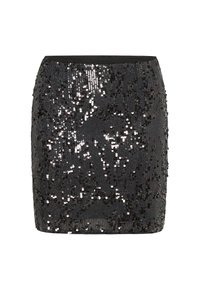 Fekete flitterezett szoknya testhez simuló siluettel. A felülete dúsan elhelyezett flitterekből készült, ami csillogást és ragyogást biztosít.