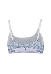 Blauwe en witte sportbeha met een bloemmotief, voorzien van verstelbare witte schouderbandjes en een PSD-logo op de elastische tailleband.