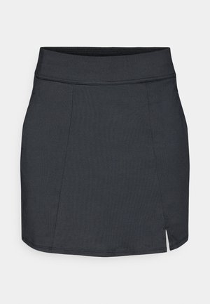 Ciemnoszara mini spódnica o gładkiej fakturze, z szerokim paskiem w talii oraz bocznym rozcięciem dla większej swobody ruchu. Prosty i elegancki design.