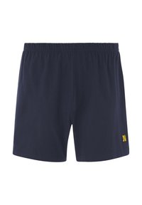 Navy blue shorts with an elastic waistband, made of soft fabric, featuring a small yellow logo accent on the lower right hem.