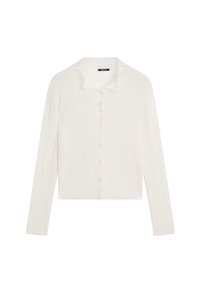 Cardigan bianco a coste con maniche lunghe, colletto e chiusura frontale con bottoni, caratterizzato da una finitura leggermente texturizzata.