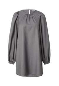 Graue, langärmlige Bluse mit Puffärmeln, rundem Ausschnitt und einem Schlitz am Rücken. Aus glattem, strukturiertem Stoff gefertigt.