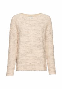 Strickpullover in hellem Beige, mit lockerer Passform, langen Ärmeln, rundem Halsausschnitt und einem strukturierten Muster auf der gesamten Fläche.