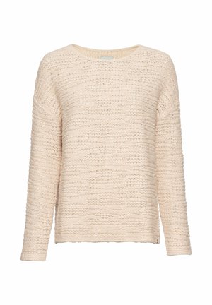 Striktrøje i lys beige med en afslappet pasform, lange ærmer, rund halsudskæring og et struktureret mønster gennemgående.