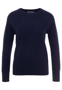 Mörkblå tröja i mjukt tyg med långa ärmar och rund halsringning, med en slät textur och ribbade mudd och nederkant.