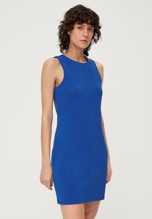 Blaues ärmelloses Kleid, figurbetonender Schnitt, aus dehnbarem Stoff mit glatter Textur. Verfügt über eine Mittelnaht und einen runden Ausschnitt.