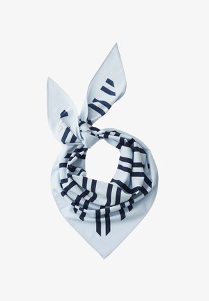 Sciarpa di seta azzurro chiaro con strisce geometriche blu scuro, piegata e annodata con due estremità appuntite.