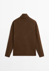 Brown knitted sweater with a high collar, long sleeves, and ribbed cuffs and hem. Material appears soft and slightly textured.