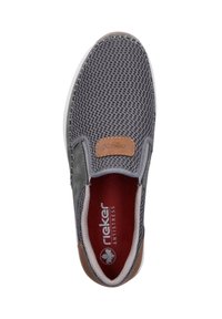 Gray slip-on casual shoe with breathable mesh upper, brown leather patch on top, and red cushioned insole labeled "Rieker Antistress."