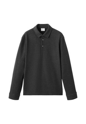 Pikétröja med lång ärm i mörkgrått tyg, med klassisk krage och treknapparslå. Mjukt material med avslappnad passform.