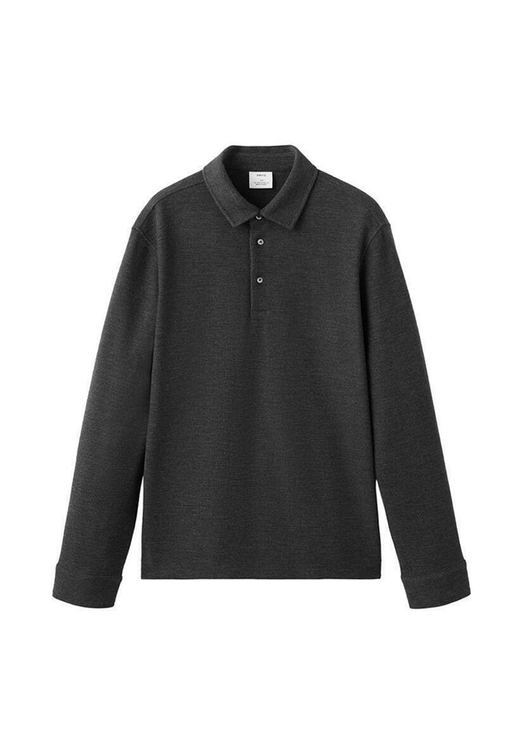 Langärmeliges Poloshirt aus dunkelgrauem Stoff, mit klassischem Kragen und Knopfleiste mit drei Knöpfen. Weiche Textur mit lockerer Passform.