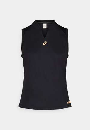 Black sleeveless athletic top with a v-neckline, made of moisture-wicking fabric, featuring a small gold logo on the chest and a brand tag at the hem.