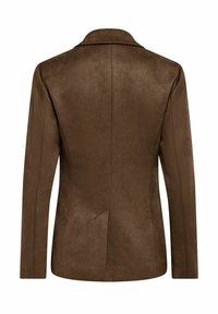 Veste blazer en daim marron vue de dos avec manches longues et une seule fente arrière au bas au centre.