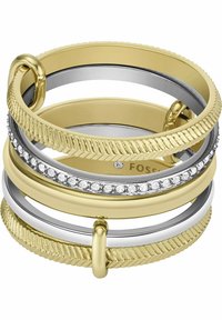 Bracelet jonc à plusieurs couches en or et en argent. Présente une texture nervurée, une bande ornée de cristaux et une finition lisse et polie.