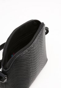 Borsa nera in ecopelle testurizzata con chiusura a zip, interna liscia e tracolla regolabile per il trasporto.