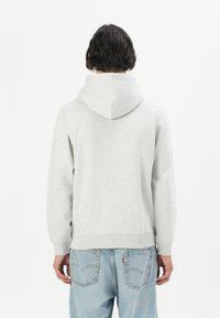Felpa grigia chiara con un cappuccio ampio, polsini e orlo a costine. Texture morbida, design casual e senza loghi visibili. Indossata sopra dei jeans azzurri chiari.