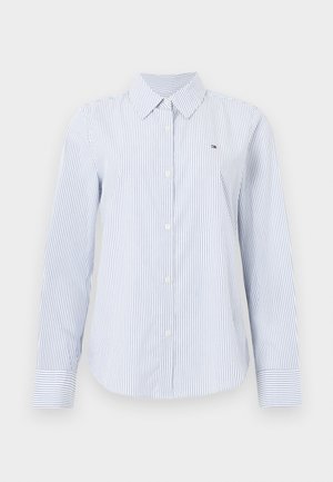 Gestreepte blauwe en witte lange mouwen shirt van katoen, met een klassieke kraag, knopen aan de voorkant en een klein logo op de linkerborst.