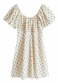 Beige kort klänning med pösiga ärmar, fyrkantig halsringning och små svarta spridda blommönster.