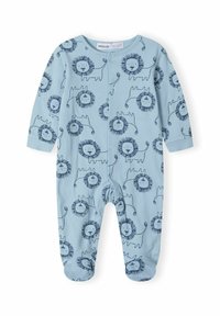 Svetlo modra mehka bombažna obleka z dolgimi rokavi, ki ima ponovljen tisk leva v temno modri barvi, z zapiranjem na gumbke spredaj.