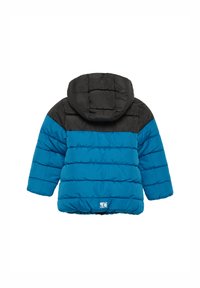 Gestepptes Jacket mit einem schwarzen oberen Bereich und einem leuchtend blauen unteren Bereich. Enthält eine Kapuze und elastische Bündchen.