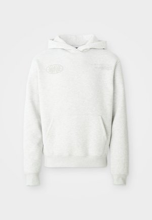 Hellgrauer Hoodie aus weichem Stoff, mit einer Fronttasche, gerippten Bündchen und einem Logo, das auf der Brust und dem oberen Ärmel gedruckt ist.