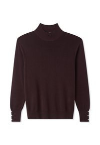 Maglione a collo alto di colore marrone scuro realizzato in tessuto a costine. Presenta un design aderente e dettagli con bottoni sulle maniche. Texture liscia.