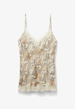 Débardeur sans manches pour femmes avec fines bretelles, motif serpent beige et marron, et finition en dentelle au niveau du décolleté et de l'ourlet.