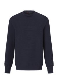 Dunkelblauer Strickpullover mit langen Ärmeln. Verfügt über strukturierte Muster sowie gerippte Bündchen, einen gerippten Kragen und einen gerippten Saum für zusätzliche Details.