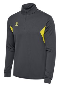 Graues Langarm-Shirt mit Viertelreißverschluss und gelben Akzenten, strukturiertem Stoff und schwarzen Details an den Schultern. Mit einem Logo auf der Brust.