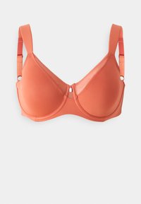 Oranje gepadded bh met gladde cups, verstelbare banden en een sluiting aan de voorkant. Gemaakt van zachte stof, met een naadloos ontwerp.