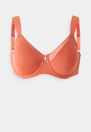 Oransje polstret bh med glatte kopper, justerbare stropper og lukking foran. Laget av myk stoff, med en sømløs design.