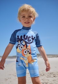 Blaues Kurzarm-Kinder-Rashguard mit Cartoon-Hunden. Hellblaue Basis mit dunkleren blauen Akzenten und dem Schriftzug "BLUEY" auf der Vorderseite.