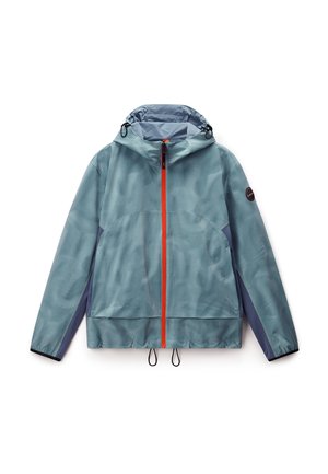 Lightweight blue-green jacket with a textured grid pattern. Features a hood, orange zipper, and elastic cuffs. Includes drawstring hem.