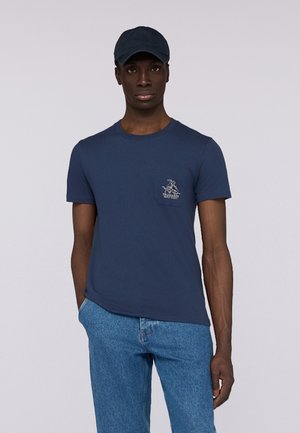 Navy blue cotton t-shirt with a round neckline, short sleeves, and a front pocket featuring a light gray logo design.