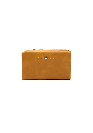 Mustard yellow leather wallet with a rectangular shape, smooth texture, and silver star and stud accents on the front. Zippered closure.