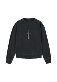 Mørkegrå crewneck-sweatshirt med lange ærmer og hvid og lyserød lodret "ALLSAINTS LONDON"-tekst midt på fronten.