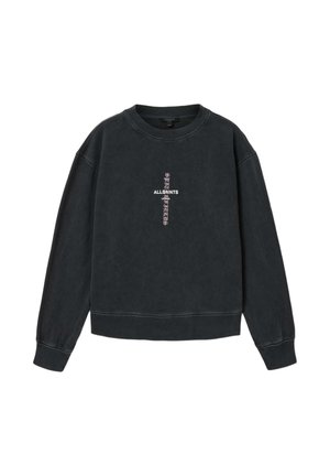 Ciemnoszara bluza crewneck z długimi rękawami, z białym i jasnoróżowym pionowym napisem "ALLSAINTS LONDON" na środku przodu.