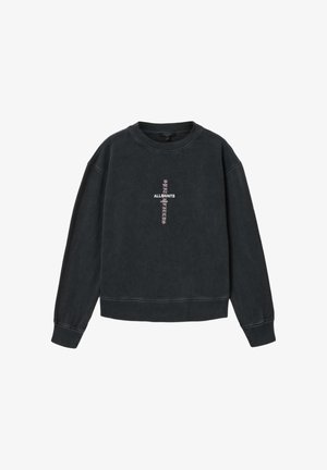 Mørkegrå crewneck-sweatshirt med lange ærmer og hvid og lyserød lodret "ALLSAINTS LONDON"-tekst midt på fronten.
