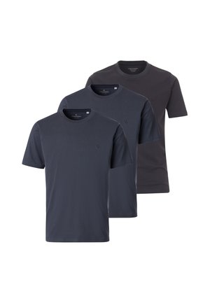 Tre magliette semplici di colore grigio scuro con collo a girocollo e maniche corte disposte in fila sfalsata e sovrapposta.